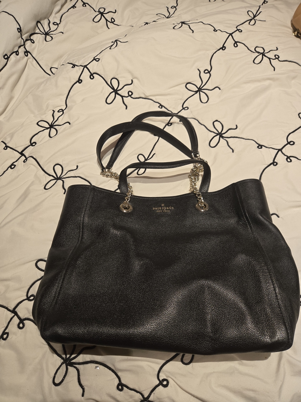 kate spade Black Pebbled Leather Tote with Gold Chain-Strap
